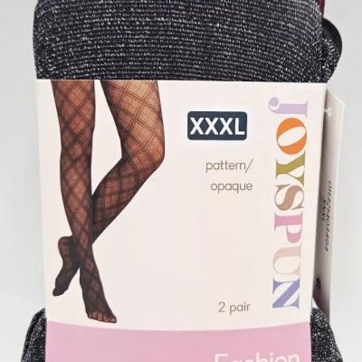 1 Pack of 2 Joyspun Opaque & Silver Black Crushed Plum Shimmer Tights Size XXXL